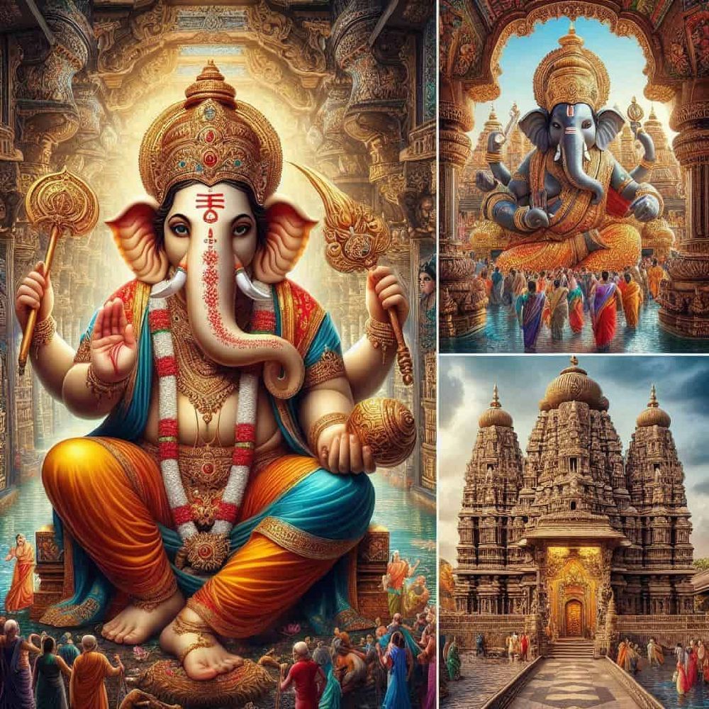 Pictures of famous Ganesha temples like Siddhivinayak Temple, Dagdusheth Halwai Ganapati Temple, and Kanipakam Vinayaka Temple